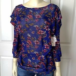 NWT M Free People Dock Street Boho Top Blue floral ruffle